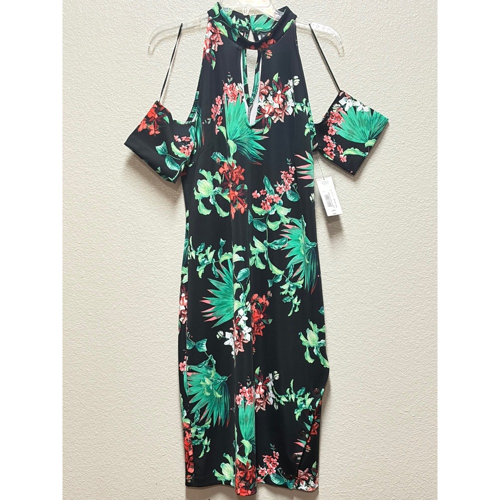 Bold Elements Tropical Floral Cold Shoulder Sheath Dress Black Green Large NWT